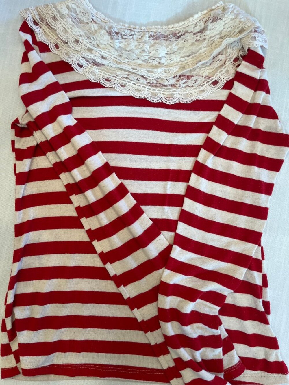 Freeway Red Cream Striped Lace Collar Top